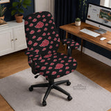 Black and red gaming chair cover with a red cloud pattern shown as multiple cover options, including full chair, back-and-seat, seat-only, and armrest-only styles.