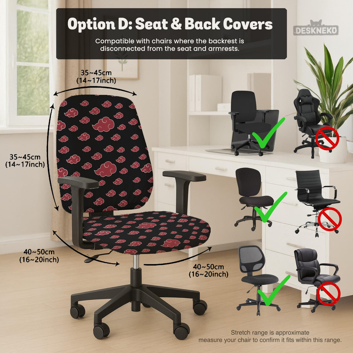 Black and red gaming chair cover with a red cloud pattern shown as multiple cover options, including full chair, back-and-seat, seat-only, and armrest-only styles.