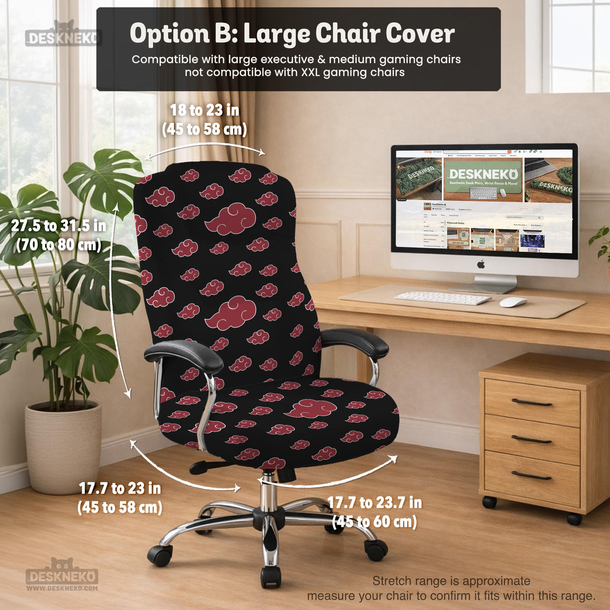 Black and red gaming chair cover with a red cloud pattern shown as multiple cover options, including full chair, back-and-seat, seat-only, and armrest-only styles.