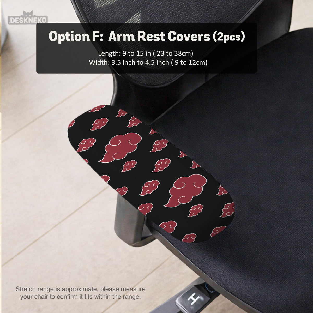 Black and red gaming chair cover with a red cloud pattern shown as multiple cover options, including full chair, back-and-seat, seat-only, and armrest-only styles.