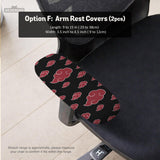 Black and red gaming chair cover with a red cloud pattern shown as multiple cover options, including full chair, back-and-seat, seat-only, and armrest-only styles.