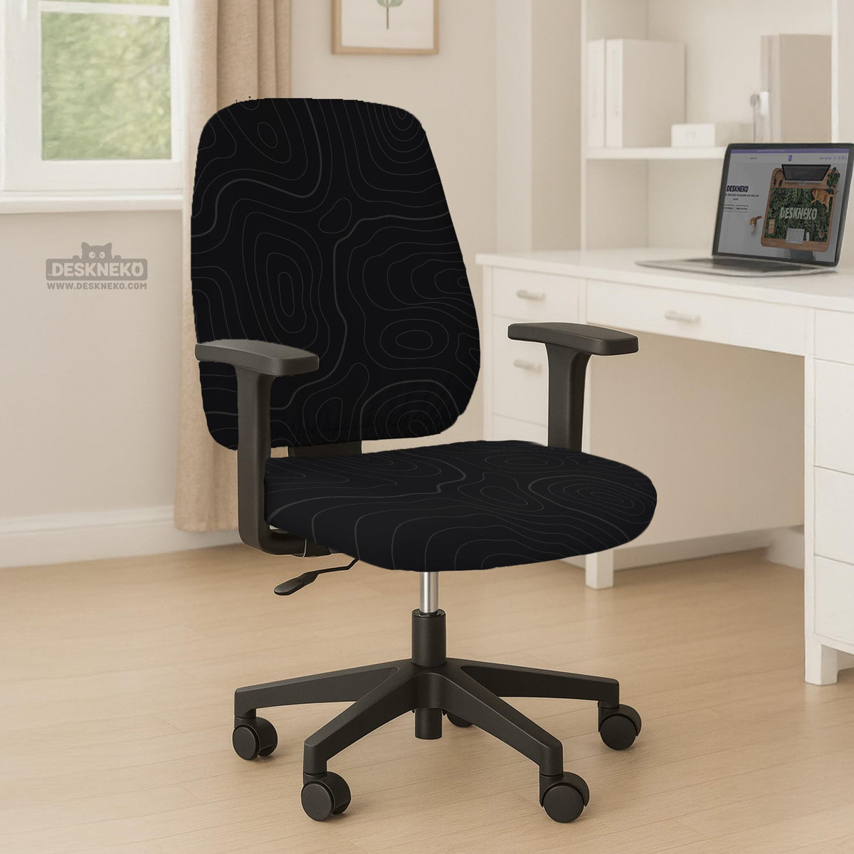 Black chair cover with a thin line art pattern on a gaming chair, shown with a high back and armrest areas covered.