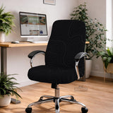 Black chair cover with a thin line art pattern on a gaming chair, shown with a high back and armrest areas covered.