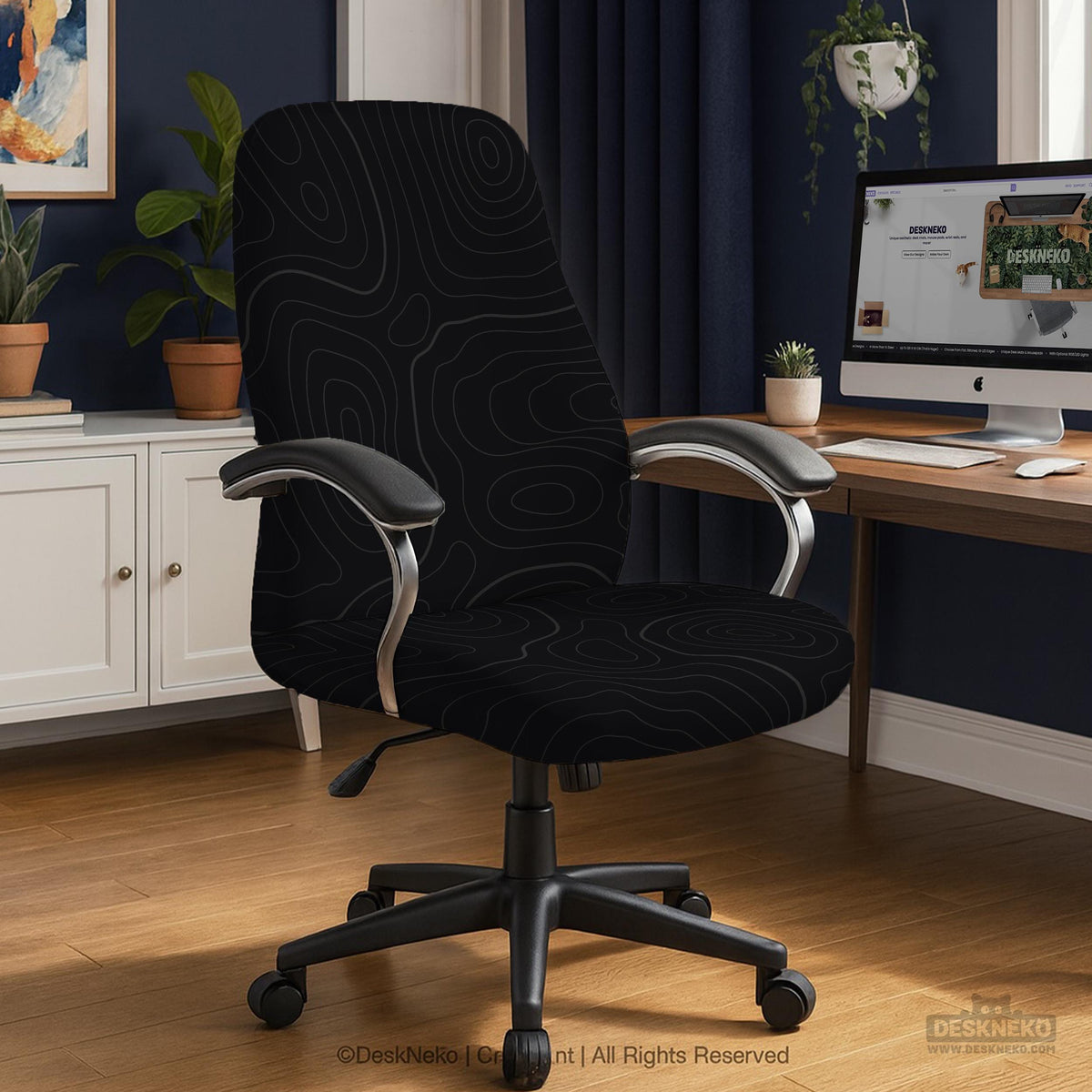 Black chair cover with a thin line art pattern on a gaming chair, shown with a high back and armrest areas covered.