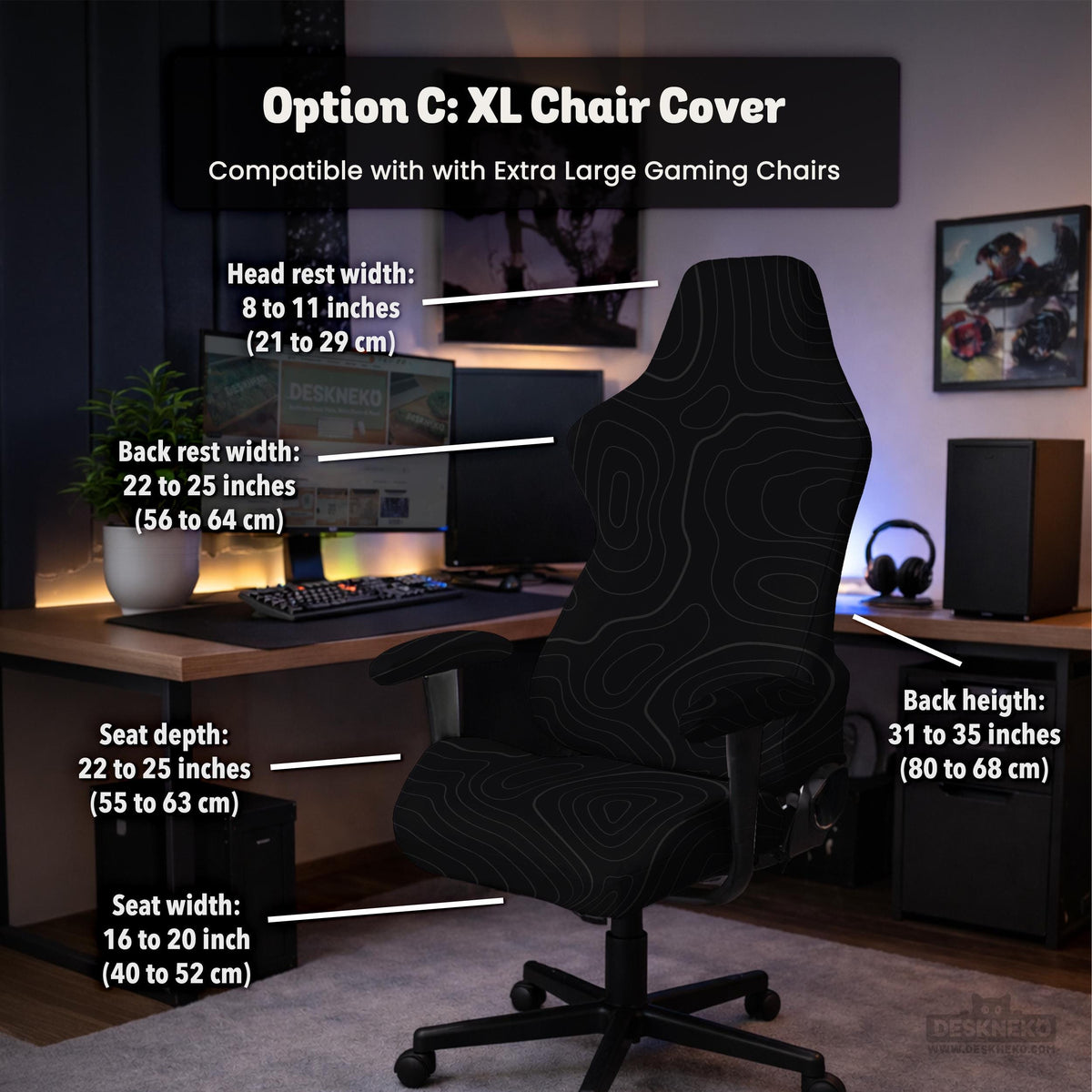 Black chair cover with a thin line art pattern on a gaming chair, shown with a high back and armrest areas covered.