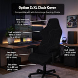 Black chair cover with a thin line art pattern on a gaming chair, shown with a high back and armrest areas covered.