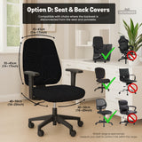 Black chair cover with a thin line art pattern on a gaming chair, shown with a high back and armrest areas covered.