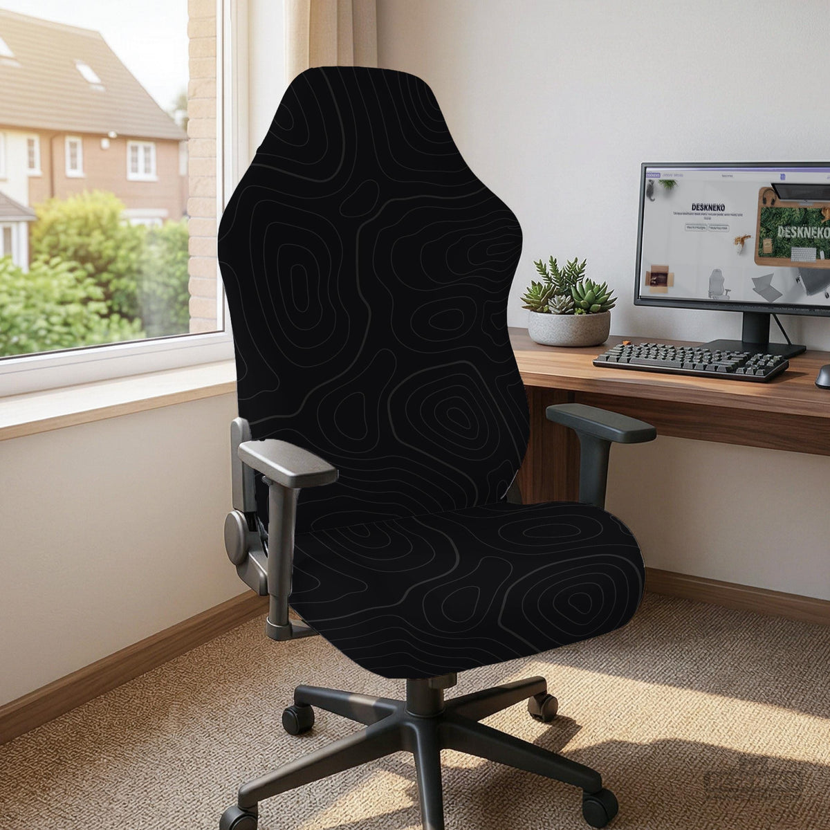 Black chair cover with a thin line art pattern on a gaming chair, shown with a high back and armrest areas covered.