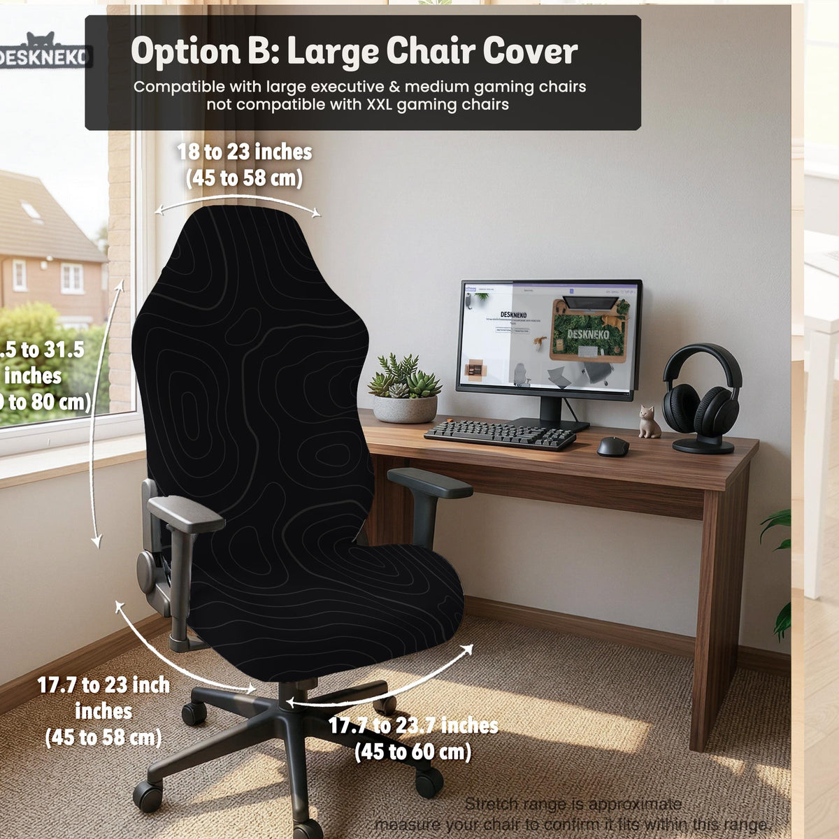 Black chair cover with a thin line art pattern on a gaming chair, shown with a high back and armrest areas covered.