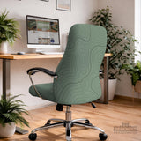 Sage green chair cover with a topographic contour-line pattern on a high-back gaming or office chair.