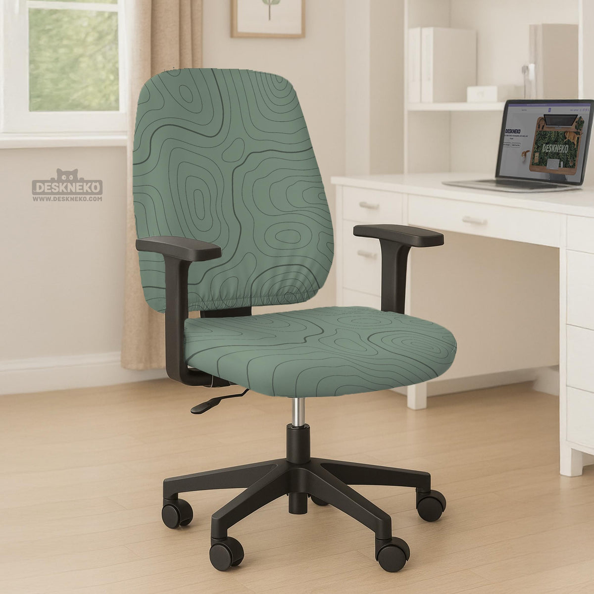 Sage green chair cover with a topographic contour-line pattern on a high-back gaming or office chair.