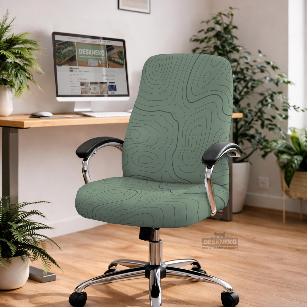 Sage green chair cover with a topographic contour-line pattern on a high-back gaming or office chair.