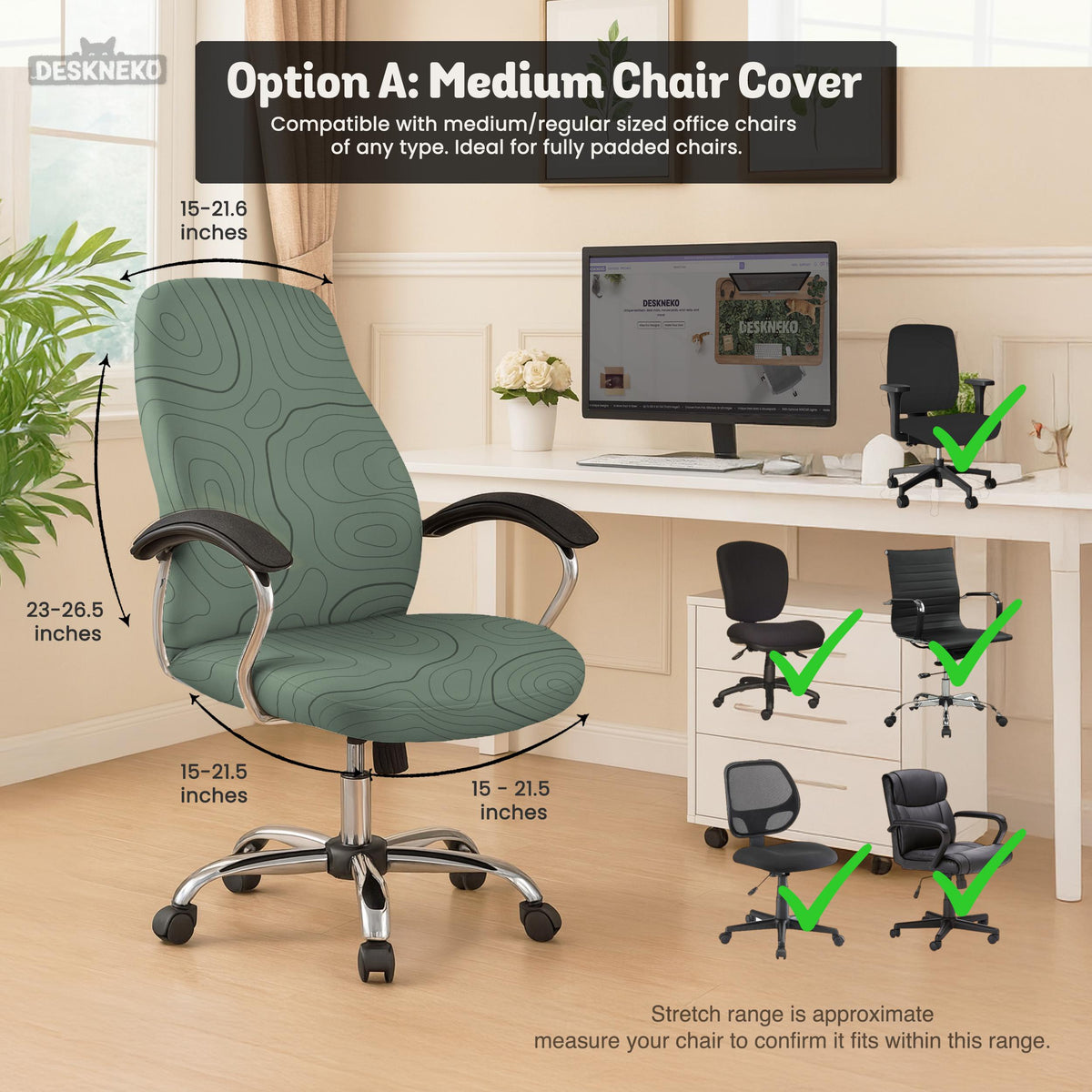 Sage green chair cover with a topographic contour-line pattern on a high-back gaming or office chair.