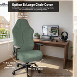 Sage green chair cover with a topographic contour-line pattern on a high-back gaming or office chair.