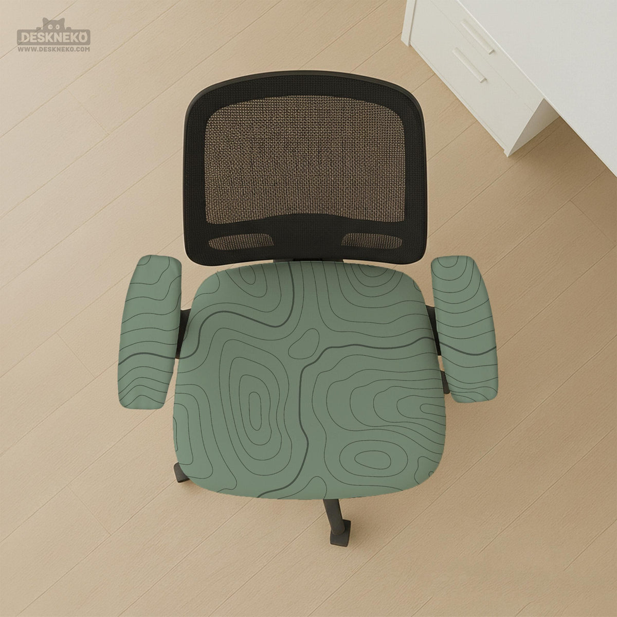 Sage green chair cover with a topographic contour-line pattern on a high-back gaming or office chair.