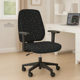 Desk chair cover in black with a small gold star pattern shown on a swivel chair.