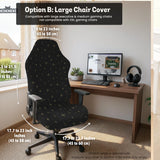 Desk chair cover in black with a small gold star pattern shown on a swivel chair.