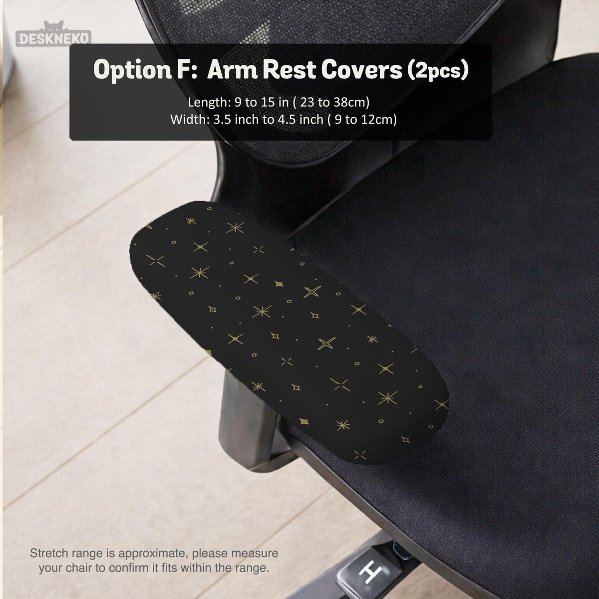 Desk chair cover in black with a small gold star pattern shown on a swivel chair.