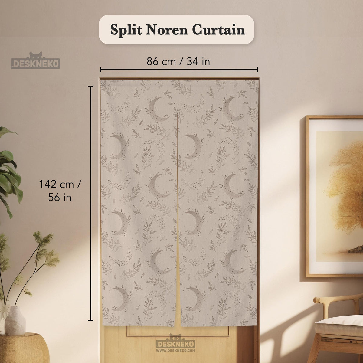 Beige door curtain with a crescent moon, leafy botanical branches, gray line art, and dotted celestial details.