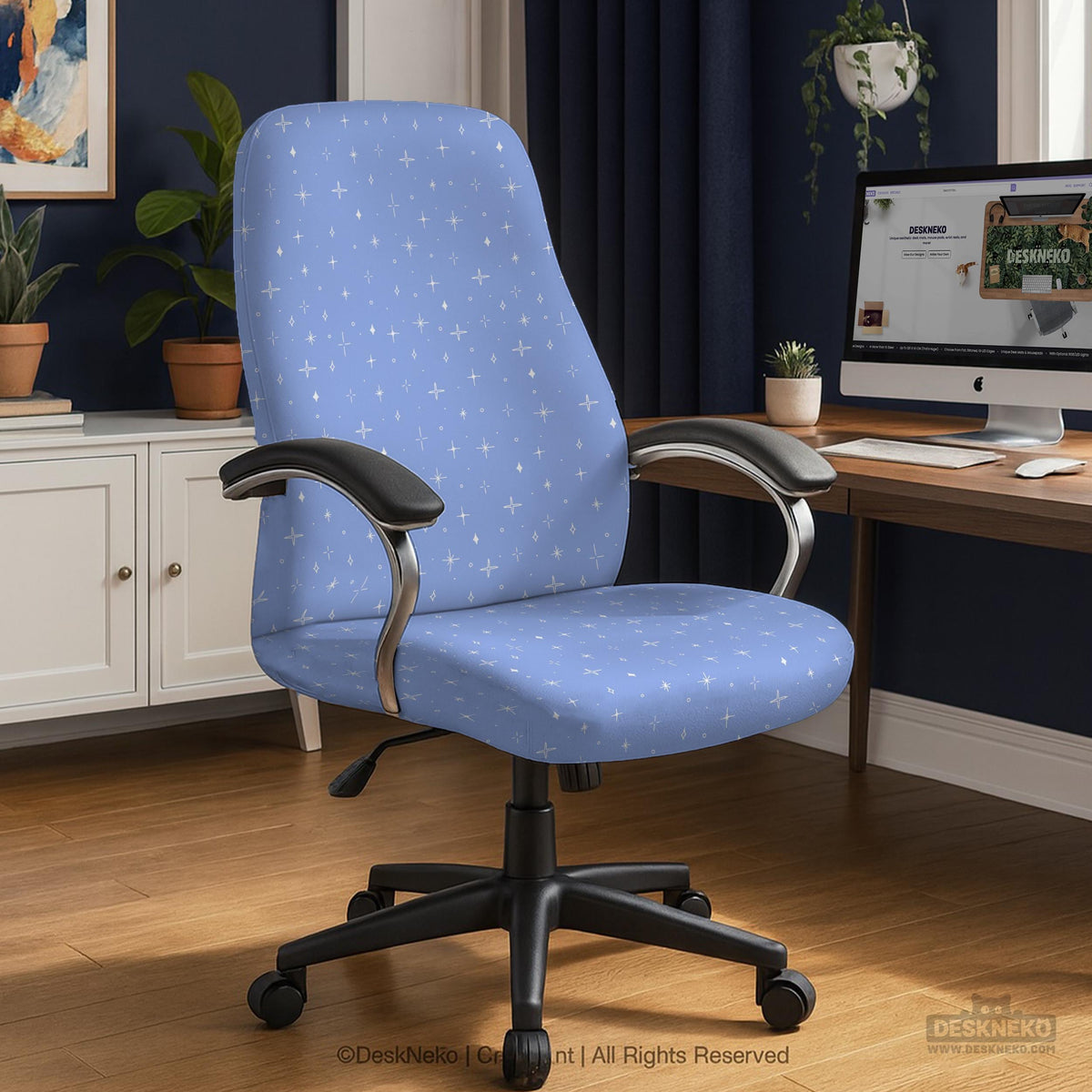 Blue desk chair cover with a celestial star and moon pattern shown in multiple coverage options for a chair.