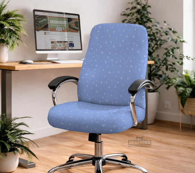 Blue desk chair cover with a celestial star and moon pattern shown in multiple coverage options for a chair.