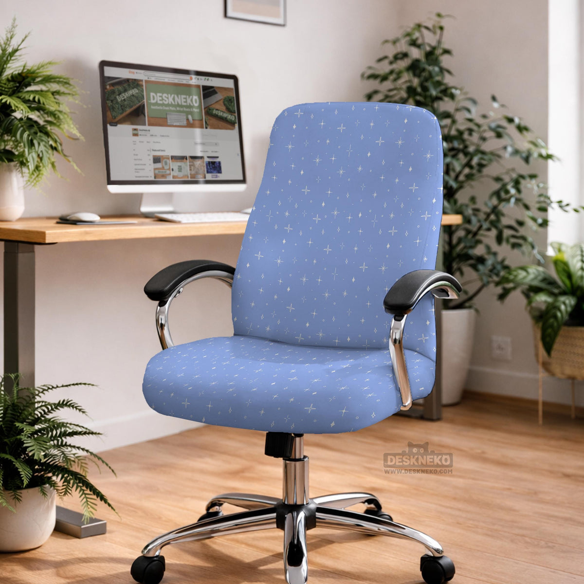 Blue desk chair cover with a celestial star and moon pattern shown in multiple coverage options for a chair.