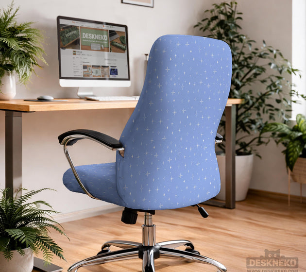 Blue desk chair cover with a celestial star and moon pattern shown in multiple coverage options for a chair.