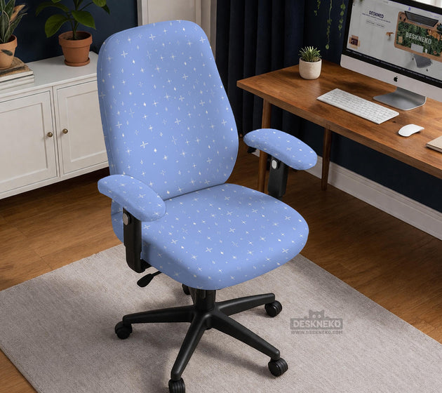 Blue desk chair cover with a celestial star and moon pattern shown in multiple coverage options for a chair.