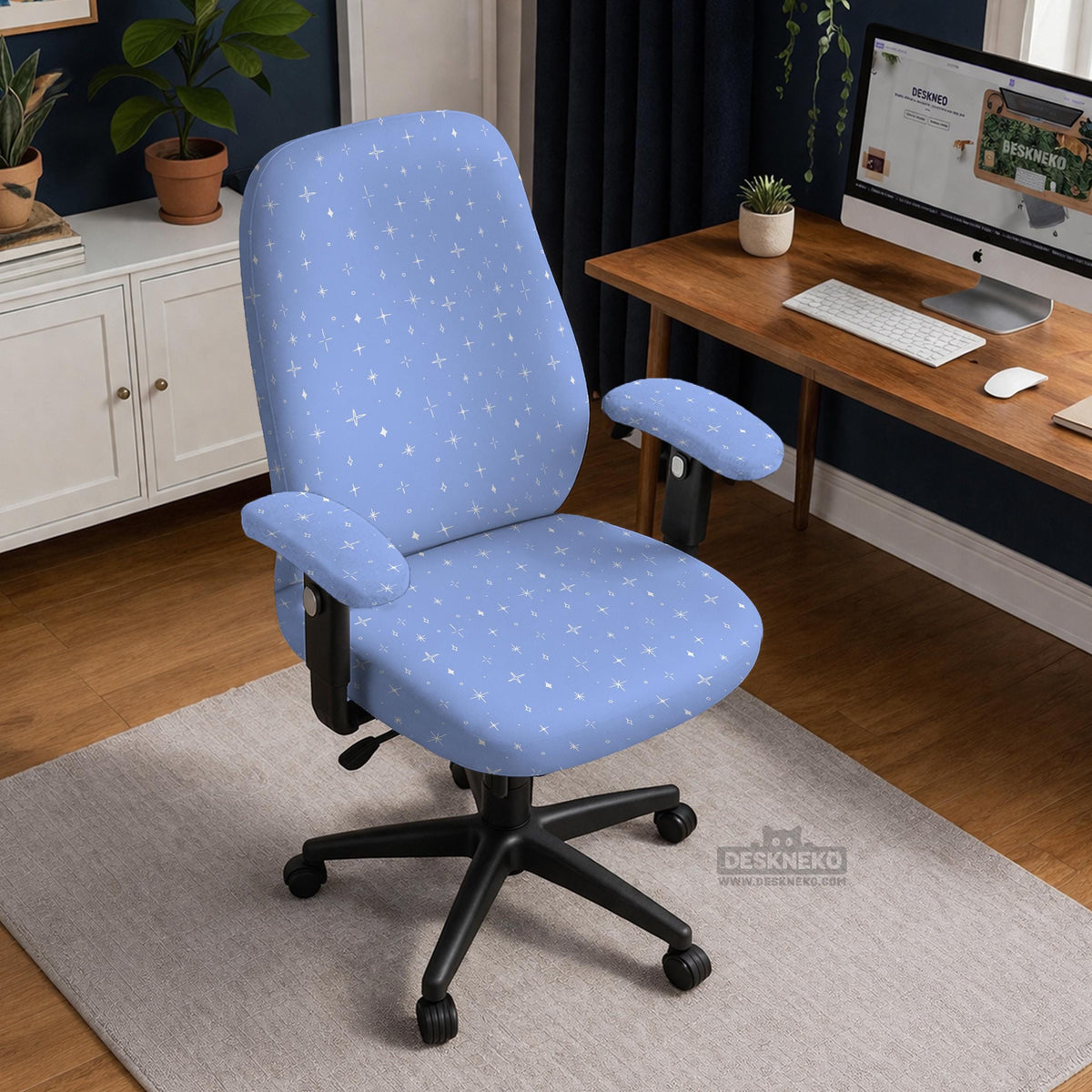 Blue desk chair cover with a celestial star and moon pattern shown in multiple coverage options for a chair.