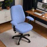 Blue desk chair cover with a celestial star and moon pattern shown in multiple coverage options for a chair.