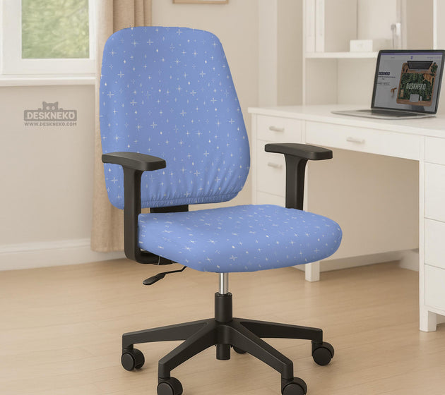 Blue desk chair cover with a celestial star and moon pattern shown in multiple coverage options for a chair.