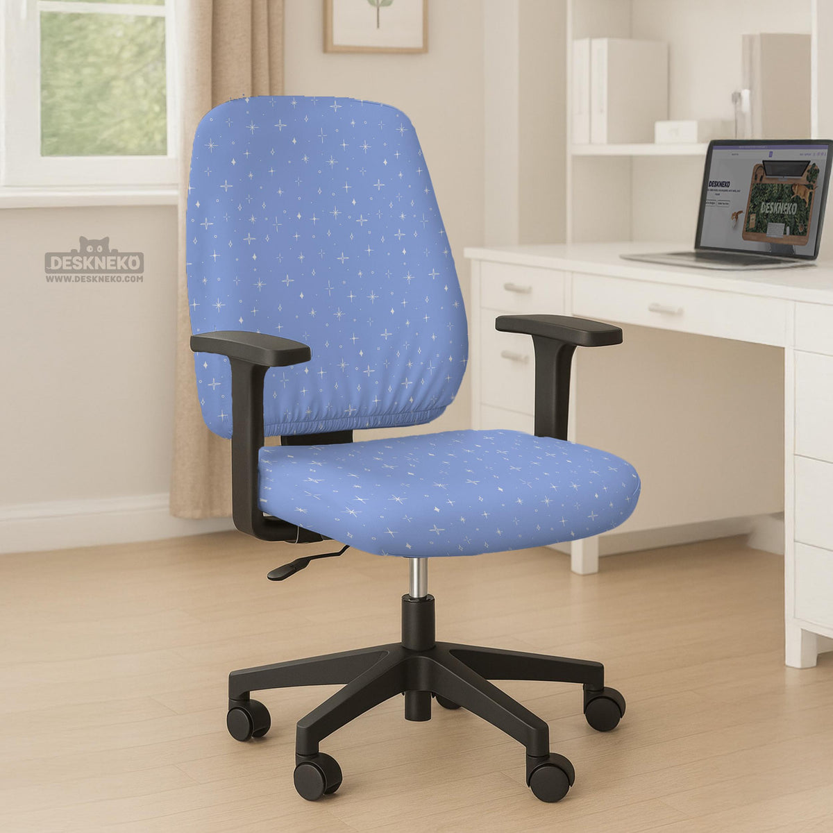 Blue desk chair cover with a celestial star and moon pattern shown in multiple coverage options for a chair.