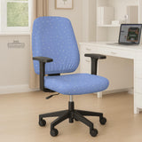 Blue desk chair cover with a celestial star and moon pattern shown in multiple coverage options for a chair.