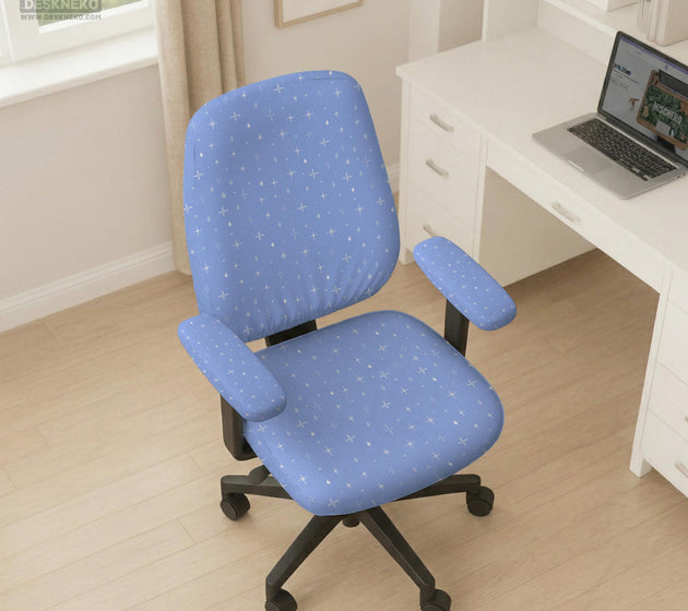 Blue desk chair cover with a celestial star and moon pattern shown in multiple coverage options for a chair.