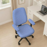 Blue desk chair cover with a celestial star and moon pattern shown in multiple coverage options for a chair.