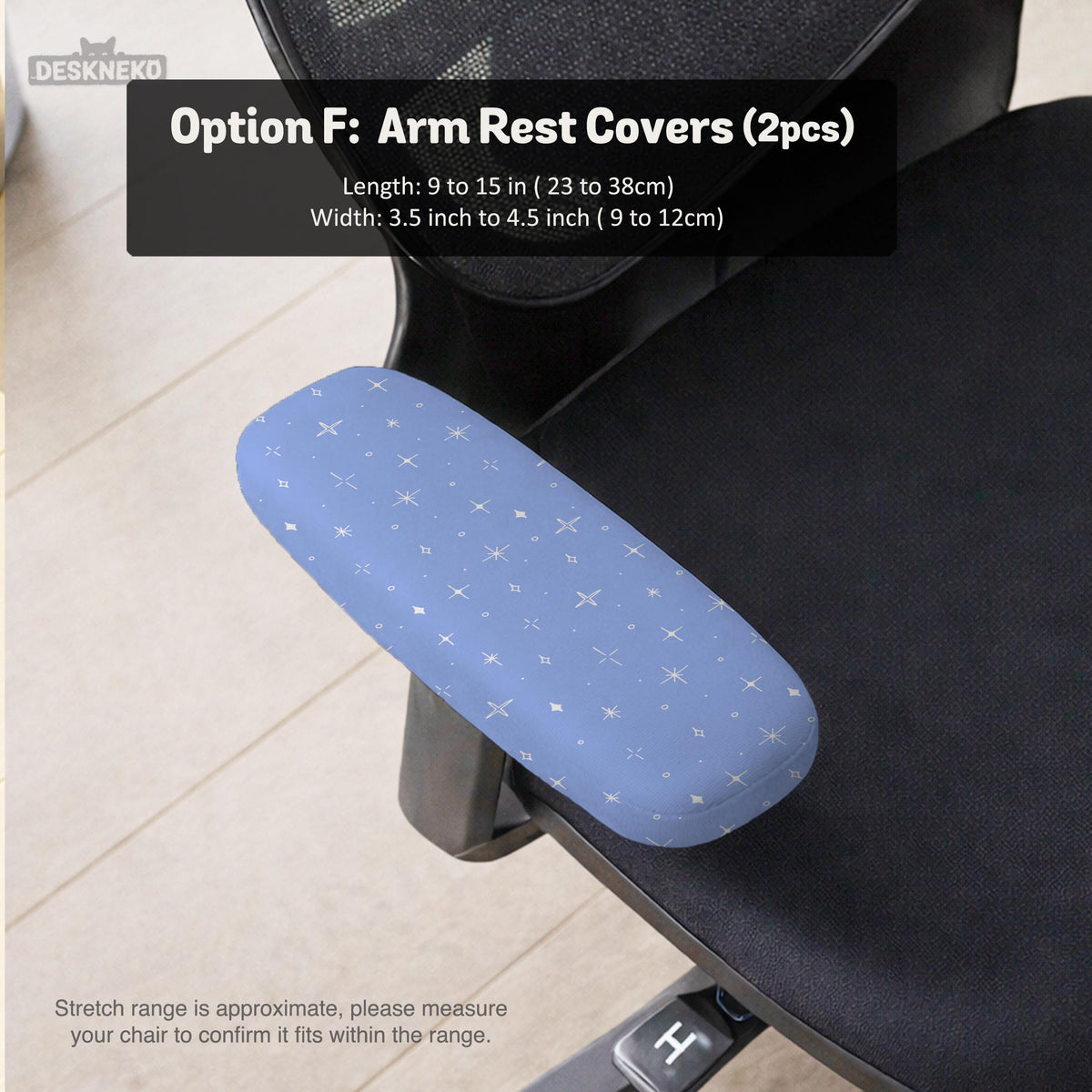 Blue desk chair cover with a celestial star and moon pattern shown in multiple coverage options for a chair.