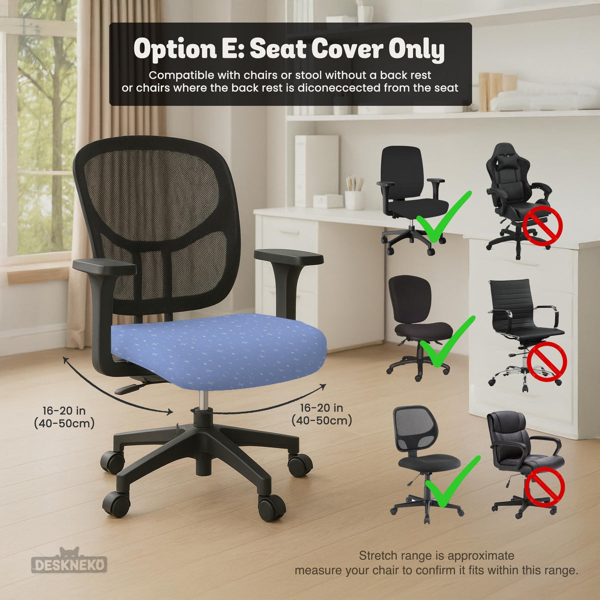 Blue desk chair cover with a celestial star and moon pattern shown in multiple coverage options for a chair.