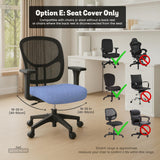 Blue desk chair cover with a celestial star and moon pattern shown in multiple coverage options for a chair.