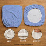 Blue desk chair cover with a celestial star and moon pattern shown in multiple coverage options for a chair.
