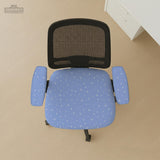 Blue desk chair cover with a celestial star and moon pattern shown in multiple coverage options for a chair.