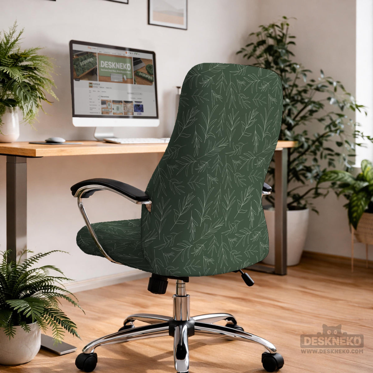 Sage green line-art leaf print chair cover shown with office chair cover options, including full cover, back and seat cover, seat-only cover, and armrest-only cover.