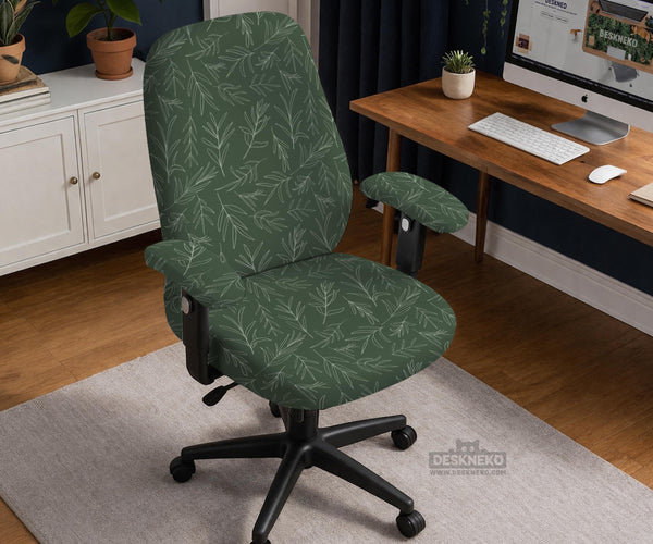 Sage green line-art leaf print chair cover shown with office chair cover options, including full cover, back and seat cover, seat-only cover, and armrest-only cover.