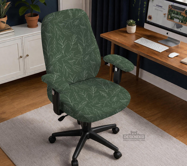 Sage green line-art leaf print chair cover shown with office chair cover options, including full cover, back and seat cover, seat-only cover, and armrest-only cover.