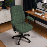 Sage green line-art leaf print chair cover shown with office chair cover options, including full cover, back and seat cover, seat-only cover, and armrest-only cover.