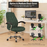 Sage green line-art leaf print chair cover shown with office chair cover options, including full cover, back and seat cover, seat-only cover, and armrest-only cover.