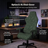 Sage green line-art leaf print chair cover shown with office chair cover options, including full cover, back and seat cover, seat-only cover, and armrest-only cover.