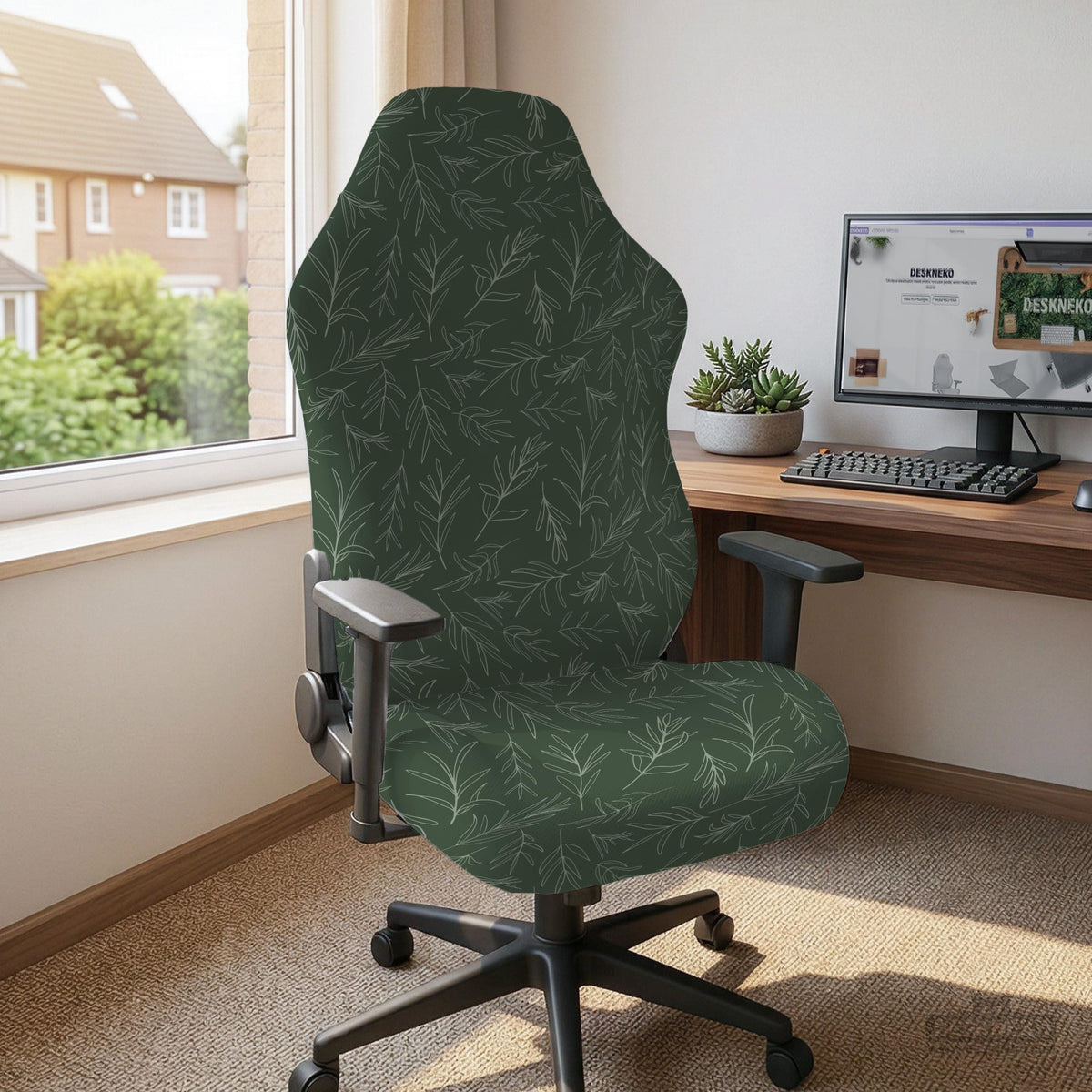 Sage green line-art leaf print chair cover shown with office chair cover options, including full cover, back and seat cover, seat-only cover, and armrest-only cover.