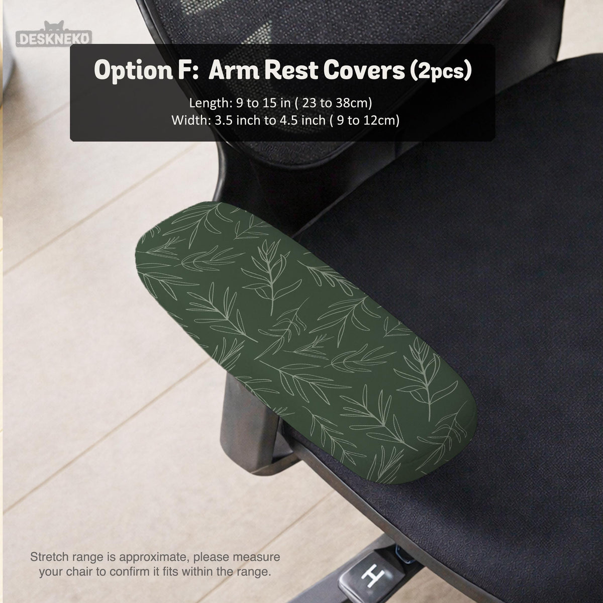 Sage green line-art leaf print chair cover shown with office chair cover options, including full cover, back and seat cover, seat-only cover, and armrest-only cover.