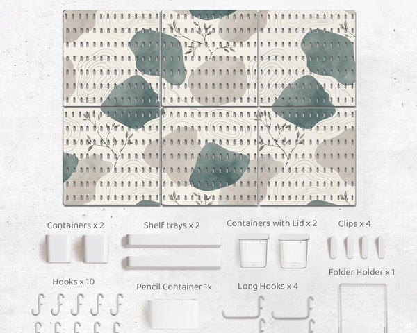 Four pegboard panels in sage green with cream, grey, teal, and leafy botanical artwork arranged in a square layout.