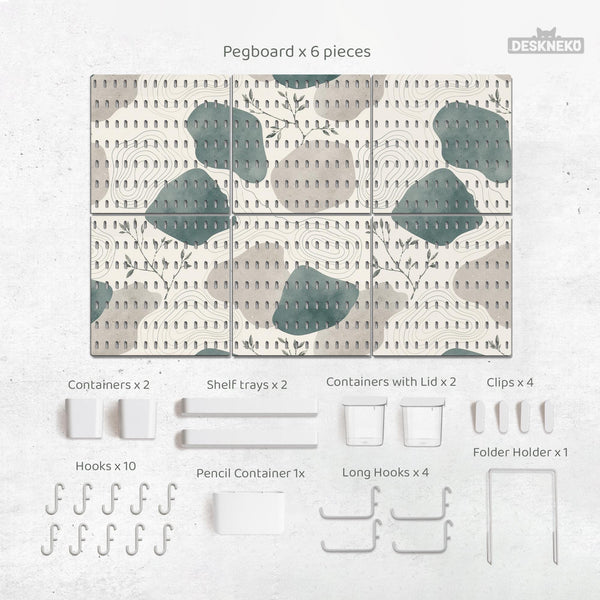 Four pegboard panels in sage green with cream, grey, teal, and leafy botanical artwork arranged in a square layout.